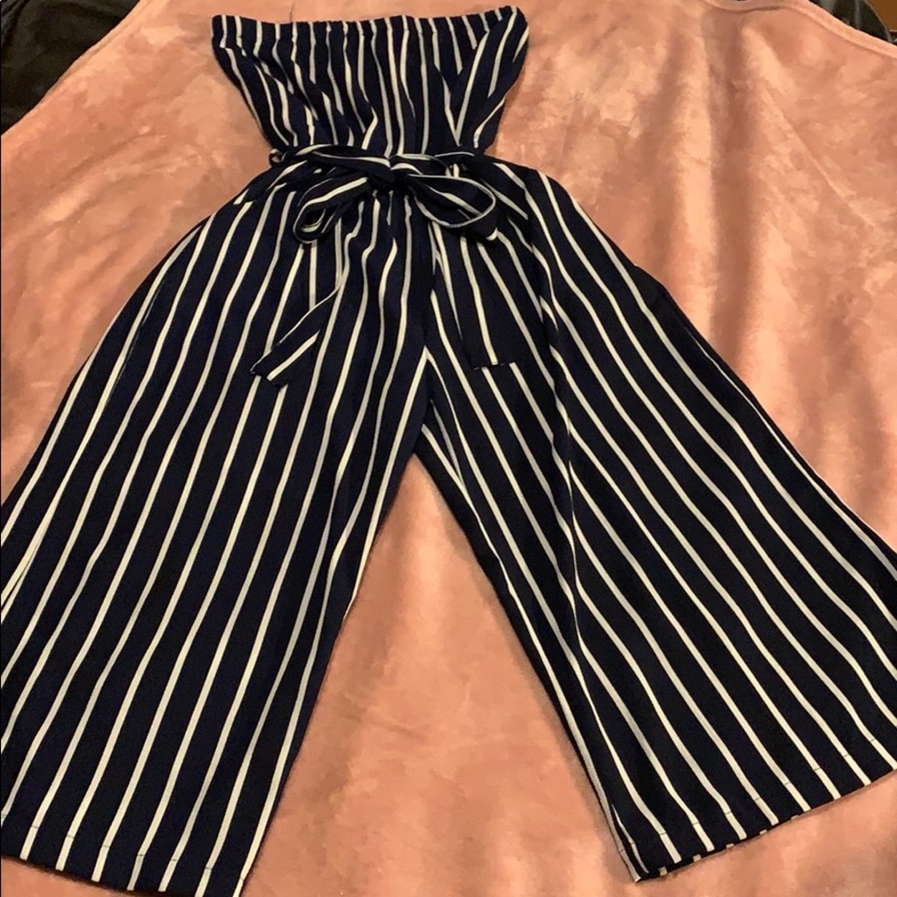 Navy blue and white stripped romper